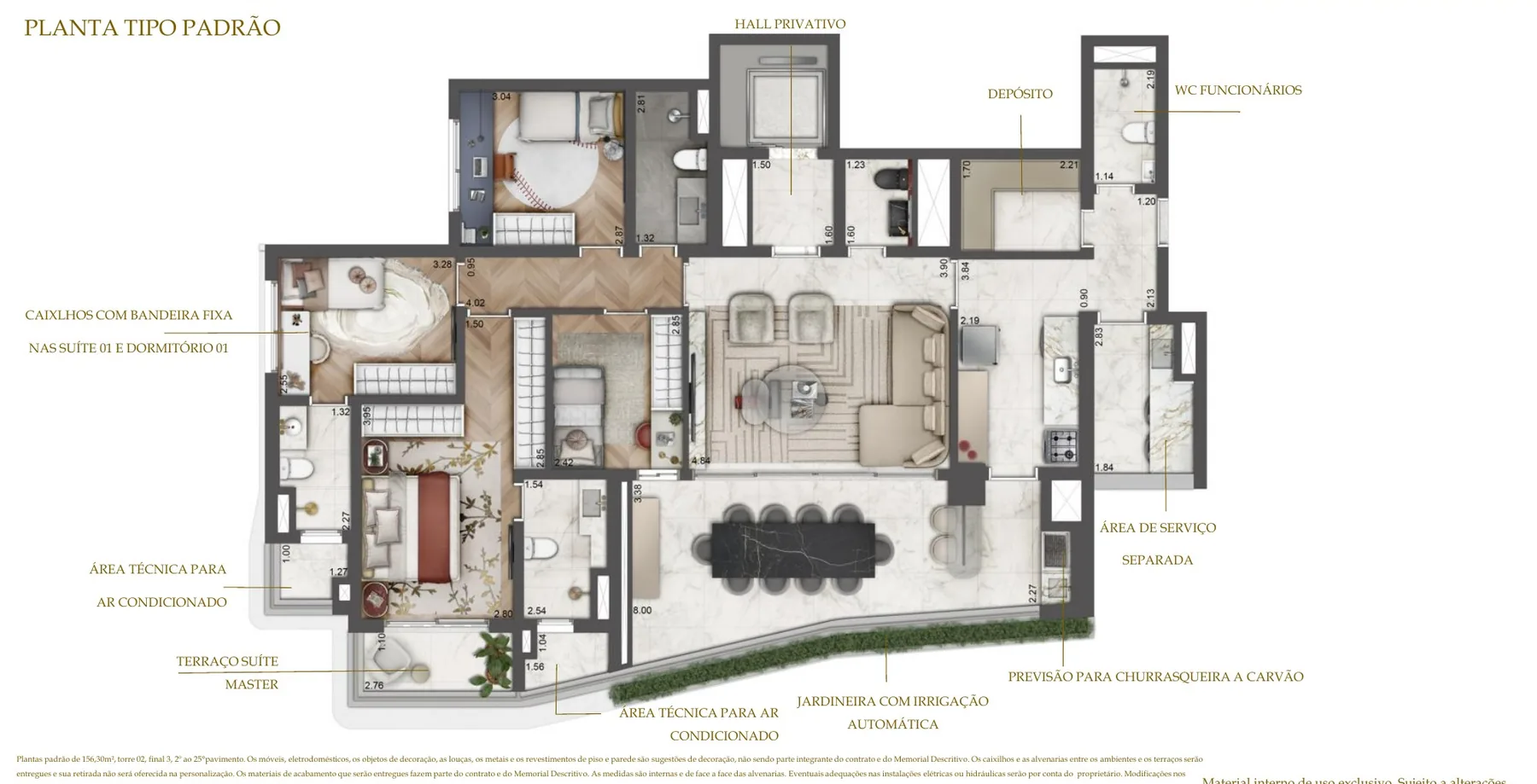 Planta padrão de 156,30 m² da Torre 02 do Le Six Residences