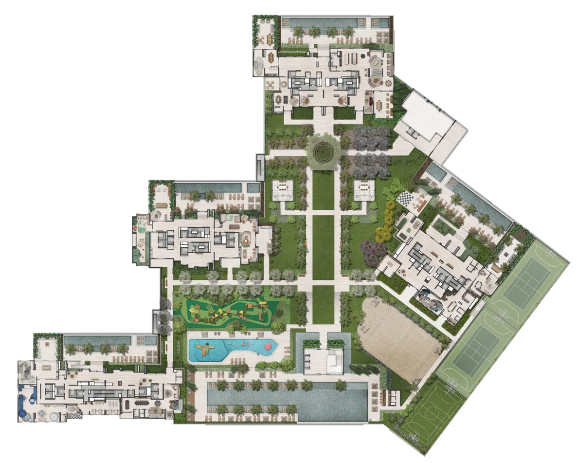 Implantação do 4º pavimento do Jardim da Hípica Residences, com piscina de 60 m, private houses e quadras