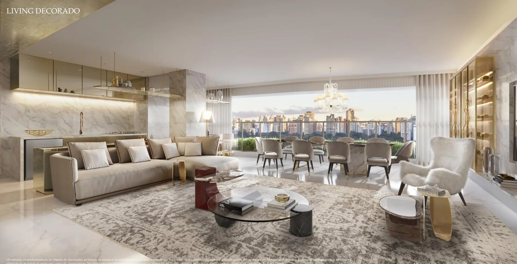 Living decorado da unidade de 156 m² da Torre 02 do Le Six Residences