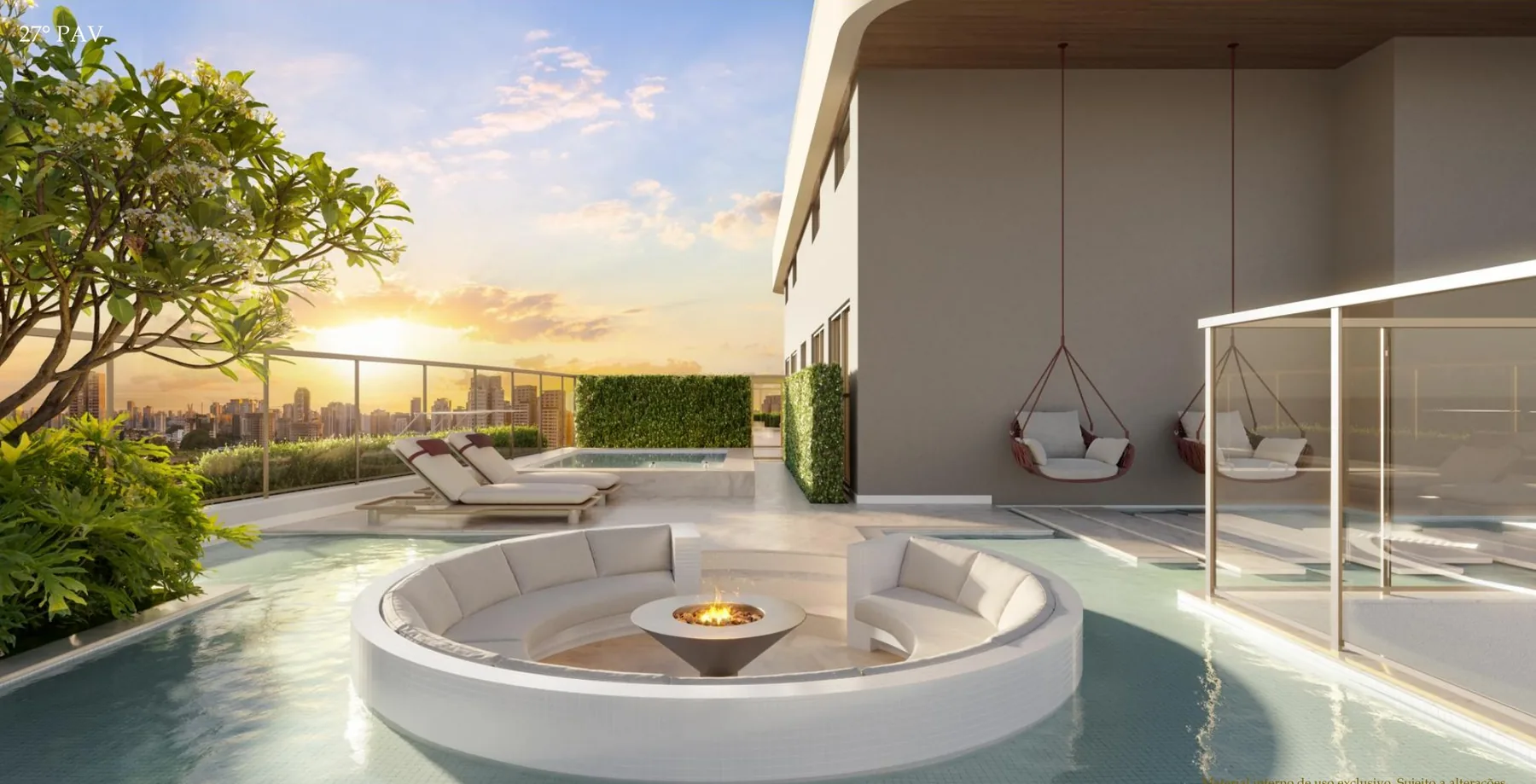 Lounge com lareira do rooftop do Le Six Residences