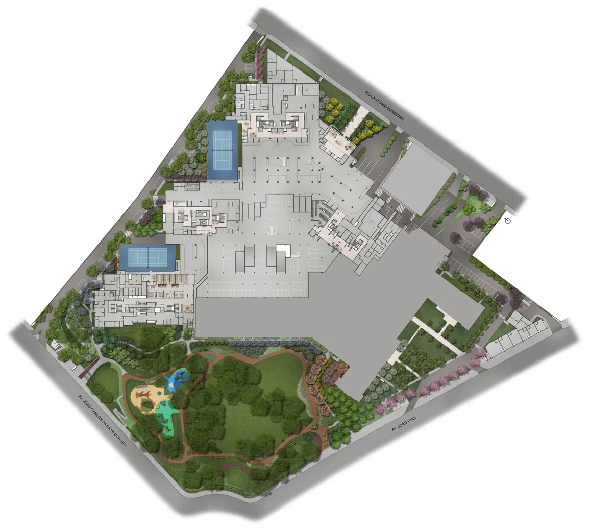 Implantação do térreo do Jardim da Hípica Residences, com quadras de tênis, salas de estudos e espaço pet