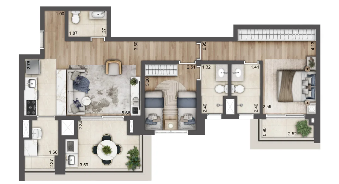 Planta opção de 84 m² do Jardim da Hípica, Torre C, final 07, com 2 suítes