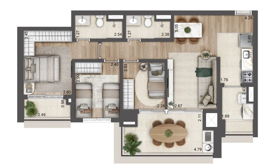 Planta tipo de 84 m² do Jardim da Hípica, Torre B, com 3 dormitórios e 1 suíte