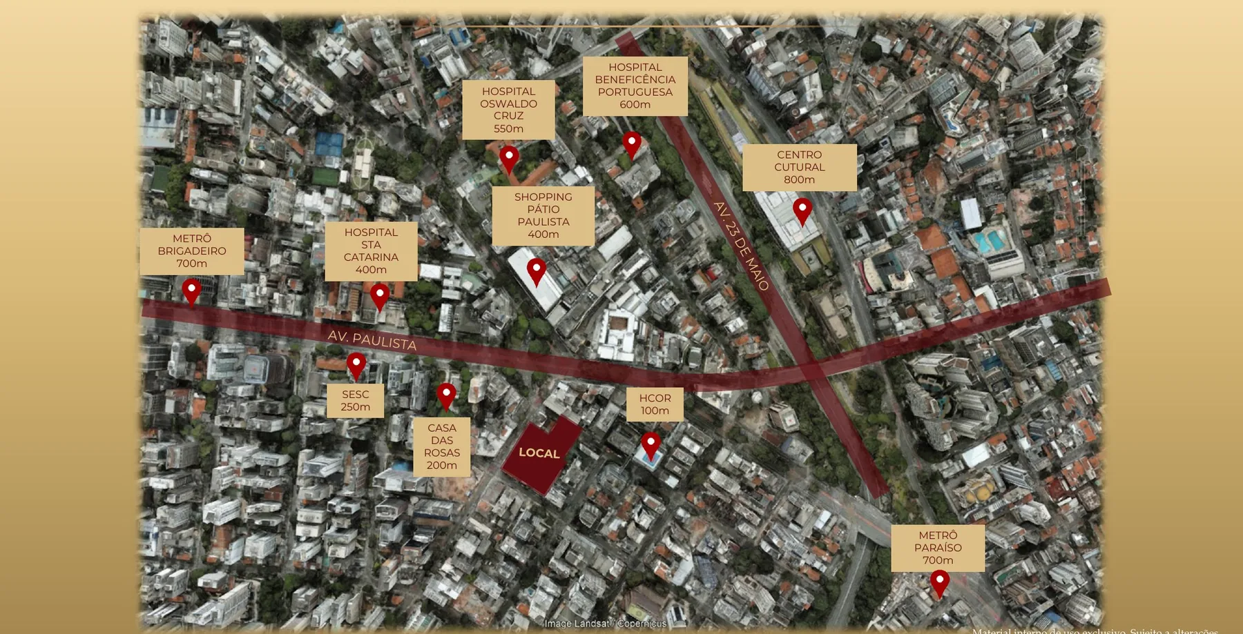 Mapa de macro localização do Le Six Residences, no Paraíso, com distâncias para hospitais, SESC e Shopping Pátio Paulista