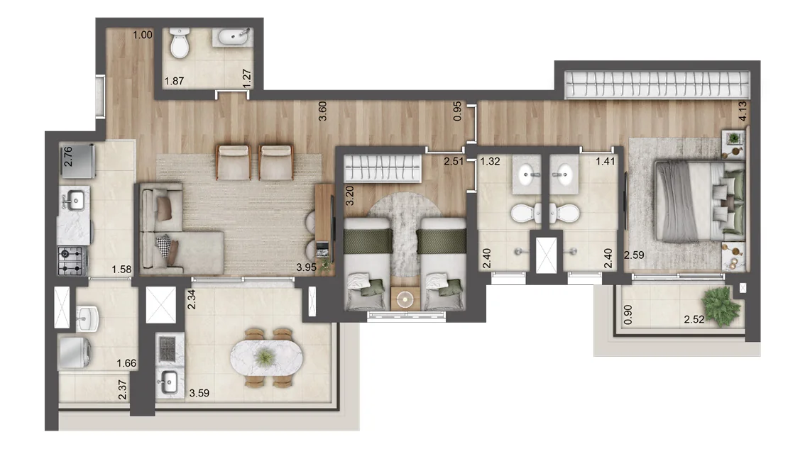 Planta tipo de 84 m² do Jardim da Hípica, Torre C, final 07, com 2 suítes