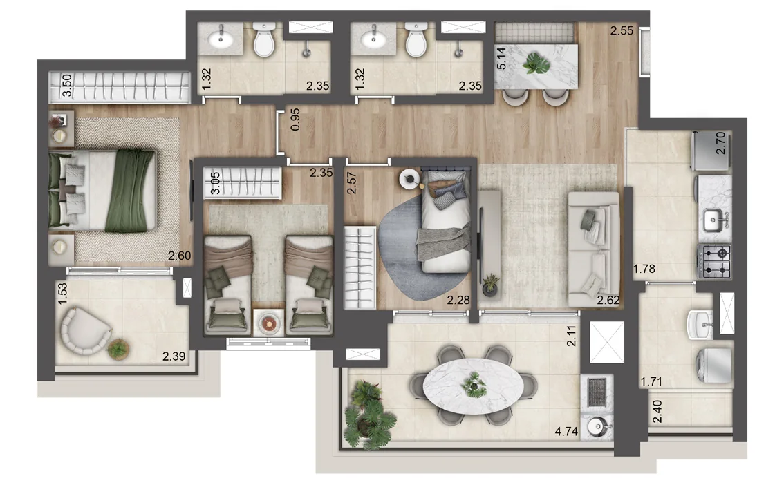 Planta tipo de 84 m² do Jardim da Hípica, Torre C, final 06, com 3 dormitórios e 1 suíte