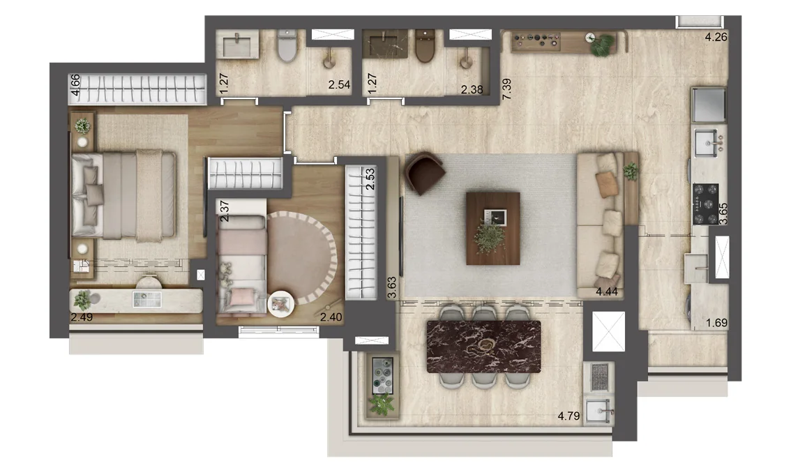 Planta opção de 84 m² do Jardim da Hípica, Torre B, com 2 dormitórios e 1 suíte