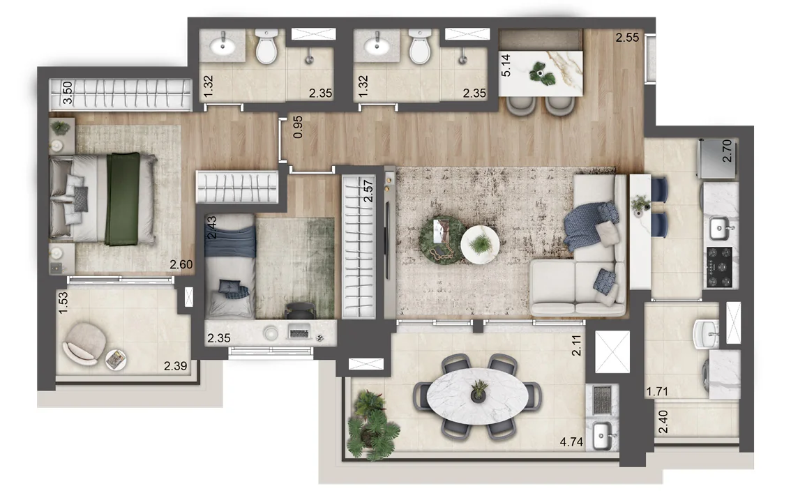 Planta opção de 84 m² do Jardim da Hípica, Torre C, final 06, com 2 dormitórios e 1 suíte