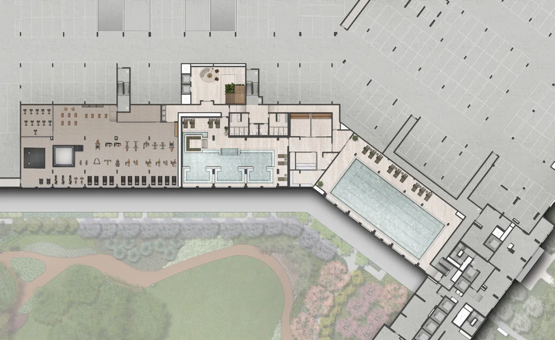 Implantação do 2º pavimento do Jardim da Hípica Residences, com fitness, SPA e piscina coberta