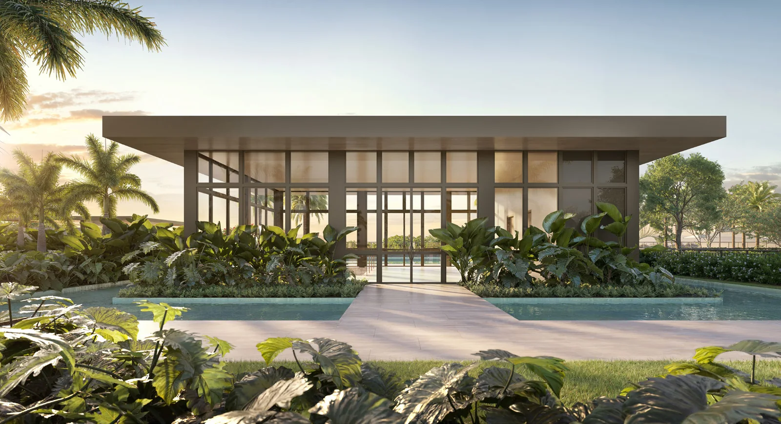 Hall de acesso ao lazer coberto do Jardim da Hípica, com materiais naturais e pé-direito amplo