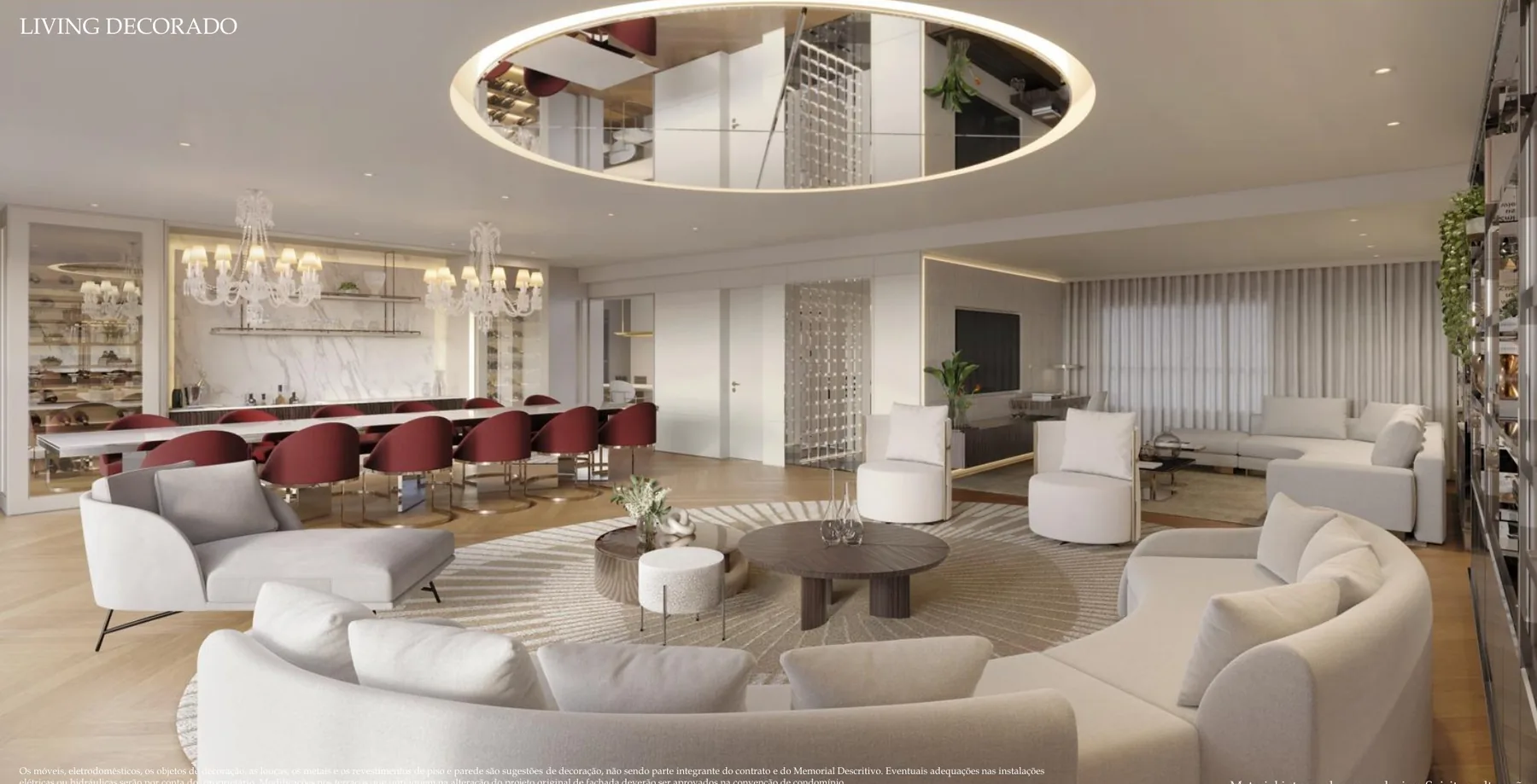 Living decorado da unidade de 264 m² da Torre 01 do Le Six Residences
