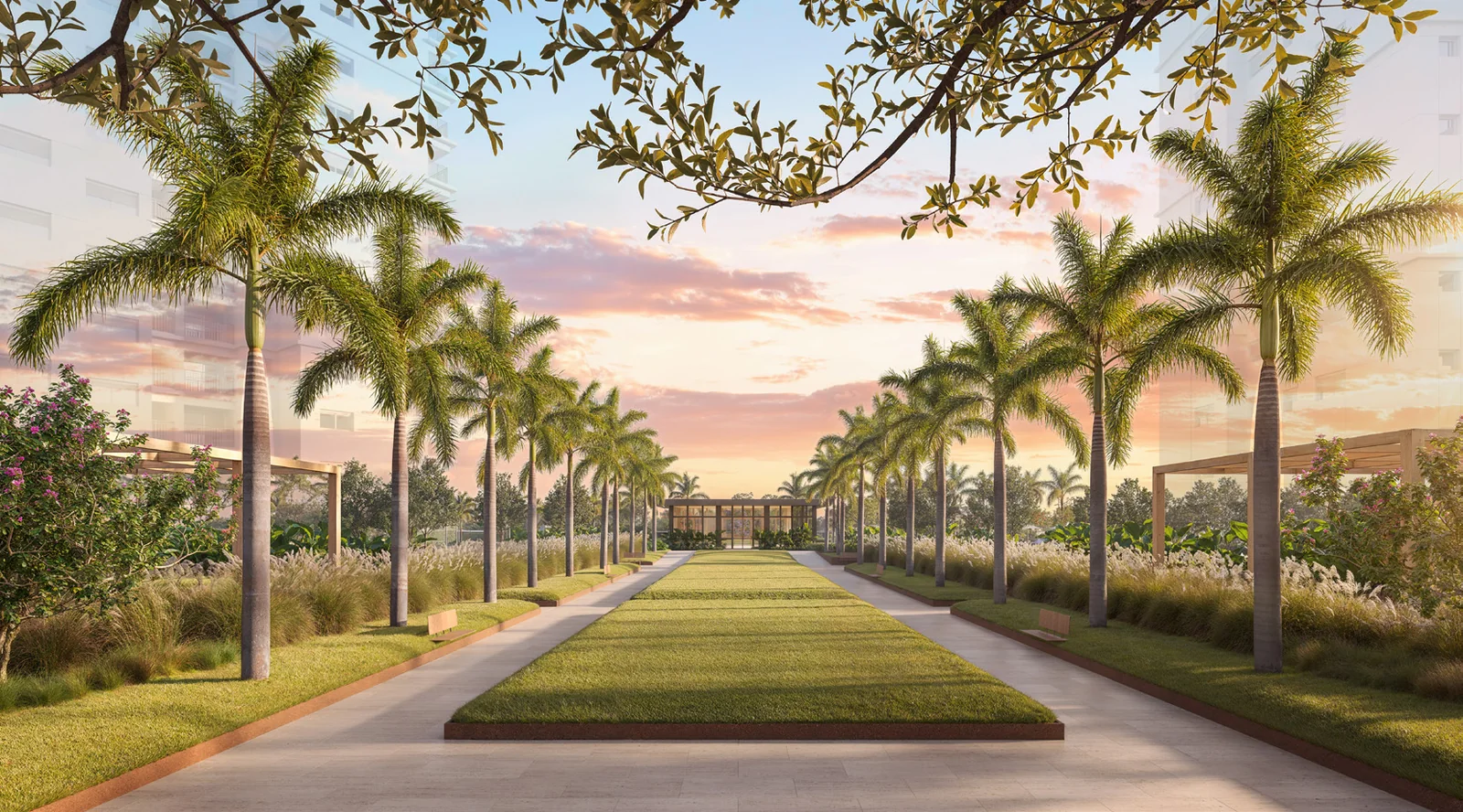 Praça de chegada do Jardim da Hípica, com paisagismo e acesso arborizado